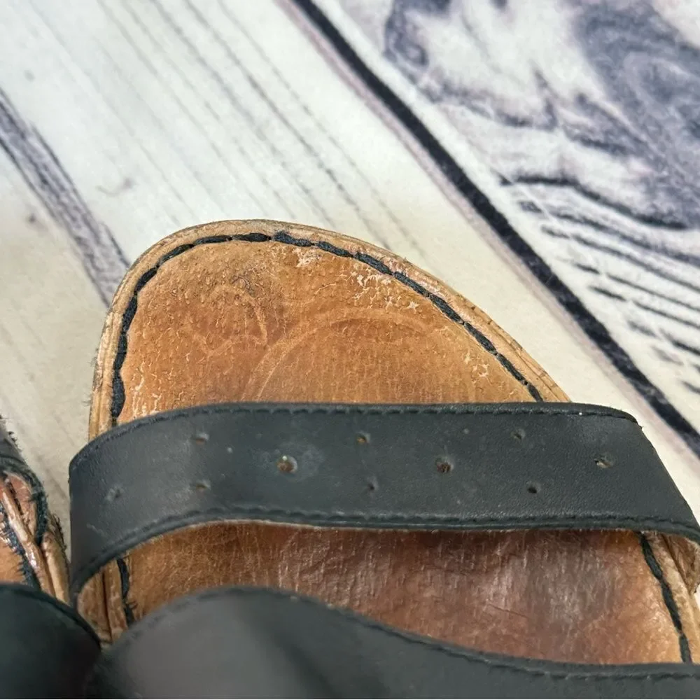 BORN Cork 3” Wedge Heel Strappy Slip-On Black Leather Sandals Sz‎ 10 Platform